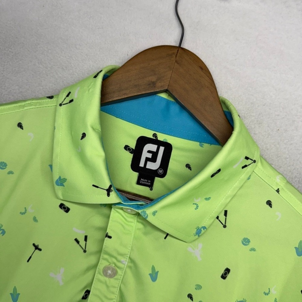 FootJoy Polo Shirt Mens Medium Green Cascata Golf Seafood Geometric All Over
